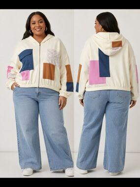 BDG Urban Outfitters Cream Patchwork Zip Hoodie with Blue, Pink & Brown Accents